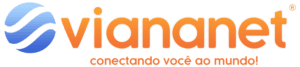 Logo VianaNet, Globo Azul claro com ondas vazadas cortando e dando alusão as ondas de fibra conectadas com você, letra de conatos arredondados formam o nome VIANANET na cor laranja em degradê de tons claros e escuros.